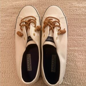 Sperry White Canvas Boat Sneakers with Tan Laces